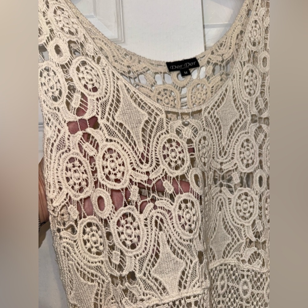 Boho Dor Dor Couture Crochet Lace Fringe Beach Cover Up | Size M - Picture 2 of 13